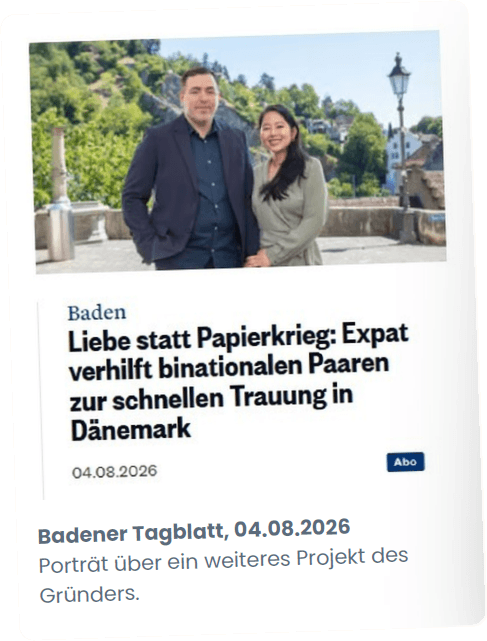 Udklip fra Badener Tagblatt, 4. august 2026: et portræt om hjælp til binationale par, der vil giftes hurtigt i Danmark