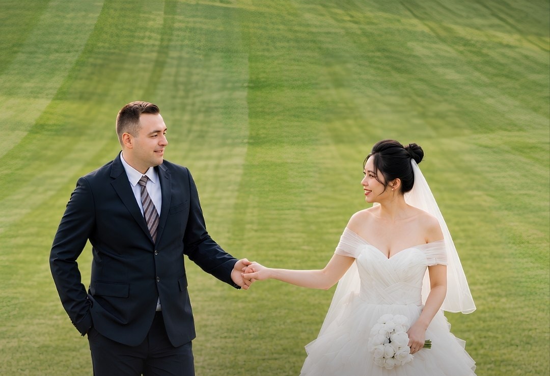 Alexander und Thi Yen Hand in Hand auf einer Wiese, Thi Yen im Brautkleid mit Schleier.